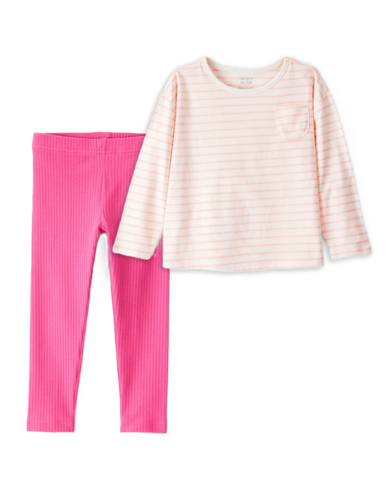 Toddler Girl 2-Piece Striped Long-Sleeve Top & Solid Stretch Leggings Set - Pink/Ivory