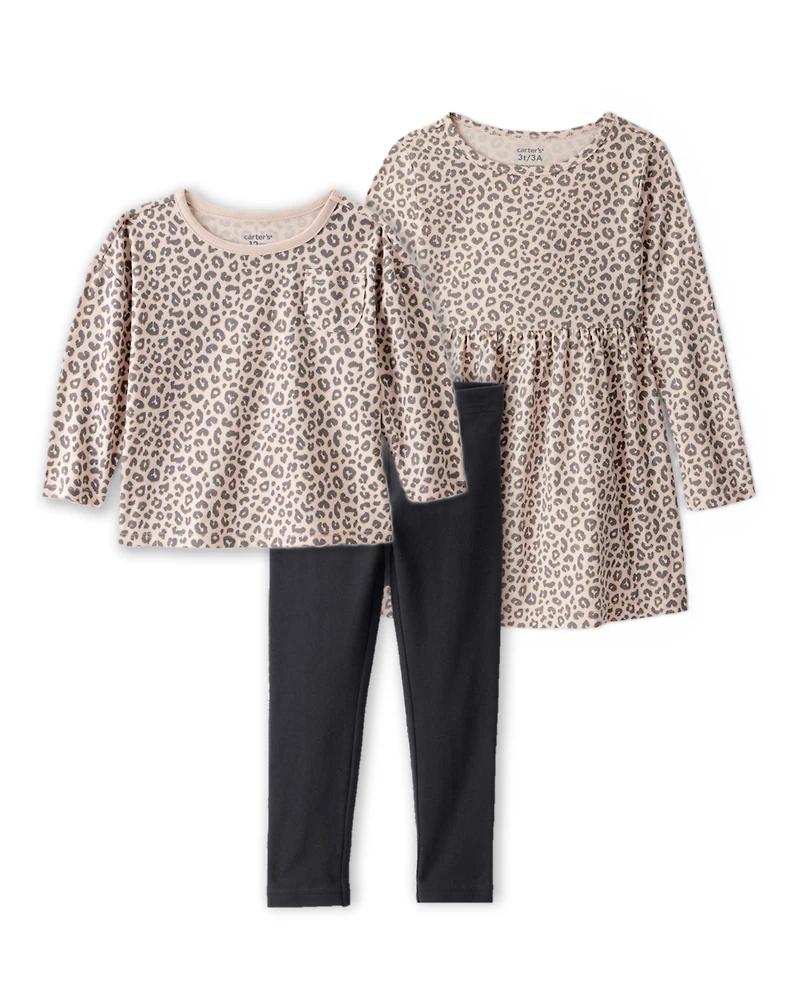 Toddler Girl 3-Piece Leopard Print Outfit & Dress Set - Brown/Black