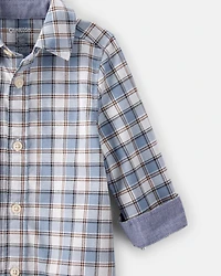 Baby Boy Plaid Cotton Long-Sleeve Button-Down Fashion Bodysuit - Blue