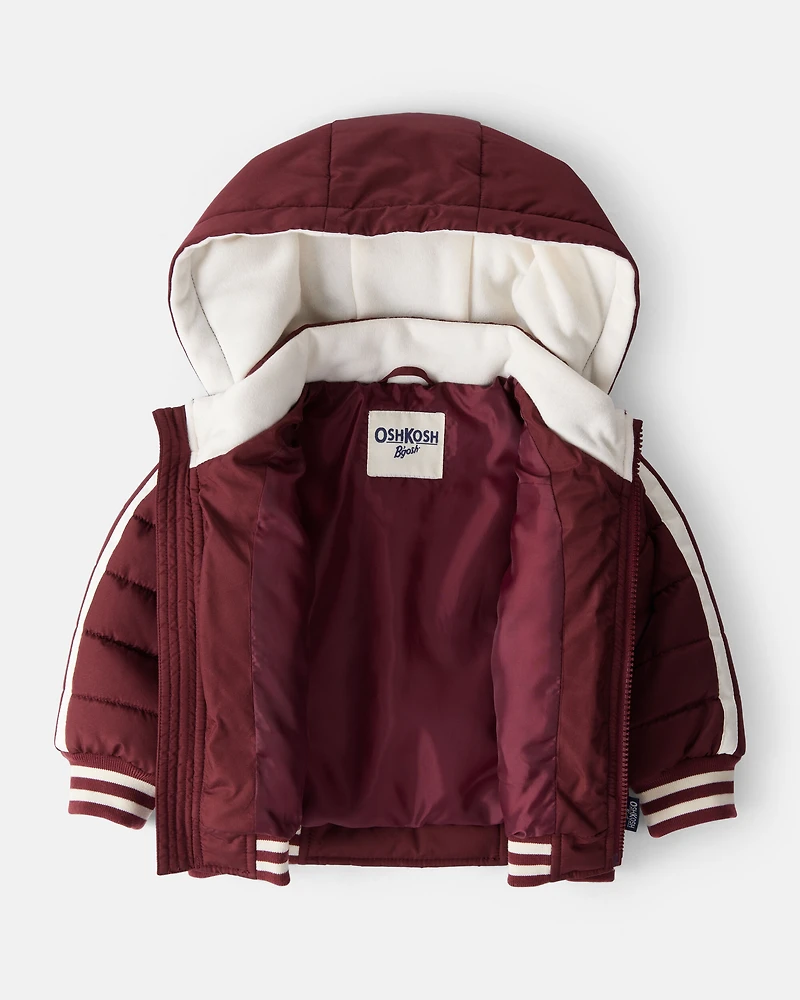 Baby Boy Striped Sleeves Hooded Puffer Jacket - Red