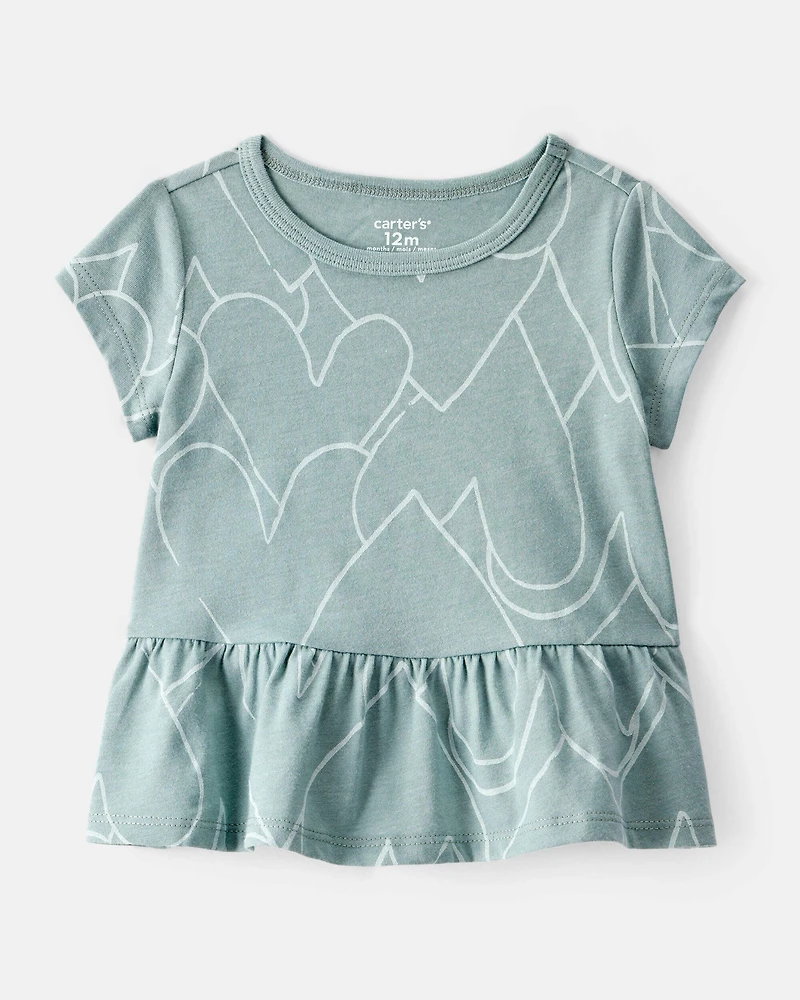 Baby Girl Heart Print Short-Sleeve Peplum Top - Green