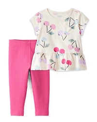 Baby Girl 2-Piece Cherry Print Peplum Top & Solid Stretch Leggings Set - Ivory/Pink