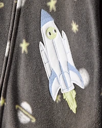 Baby Boy Spaceship Star Print Fleece Long-Sleeve Loose Fit 1-Piece Pajamas - Grey