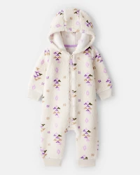 Baby Girl Aztec Print Sherpa Long-Sleeve Jumpsuit - Cream