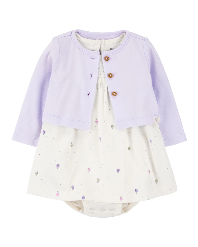 Baby 2-Piece Bodysuit Dress & Cardigan Set - Purple/White