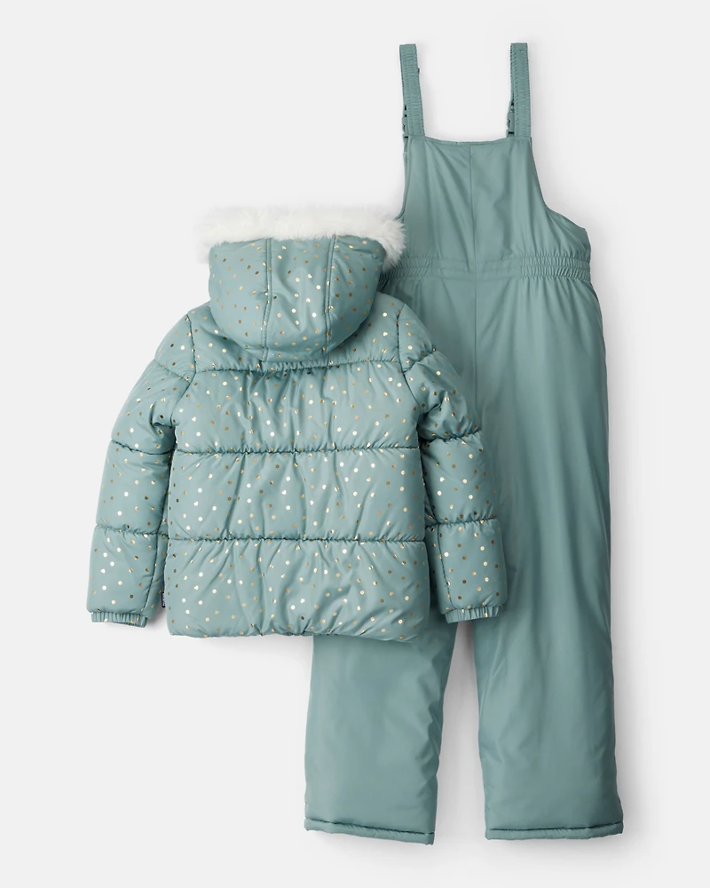 Girls 2-Piece Polka Dot Hooded Snowsuit Jacket & Bib Set - Green