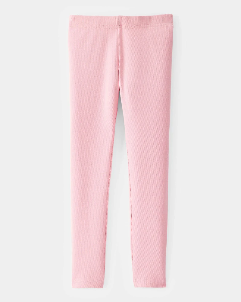 Girls Solid Cotton Ribbed Stretch Leggings - Pink