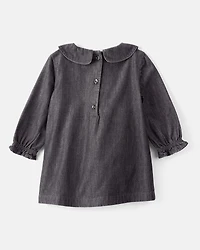 Baby Girl Floral Motif Chambray Long-Sleeve Dress - Grey