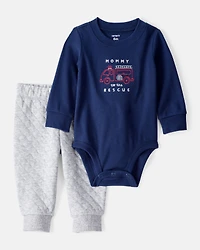 Baby Boy 2-Piece Firetruck Print Long-Sleeve Bodysuit & Pant Set - Blue