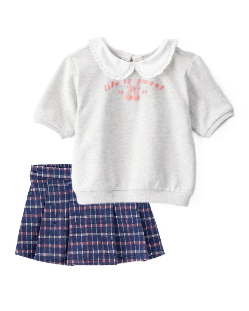 Toddler Girl 2-Piece Cherry French Terry Tee & Plaid Skirt Set - Grey/Navy