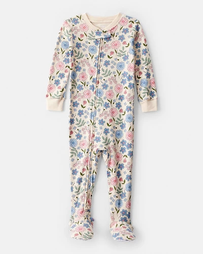 Toddler Girl Floral 100% Cotton Snug Fit Footie 1-Piece Pajamas - Ivory