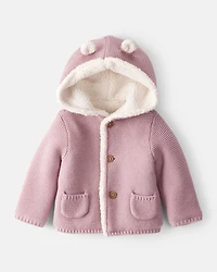 Baby Girl Sherpa Lined Cotton Long-Sleeve Jacket - Pink