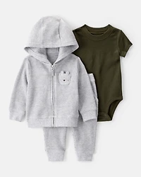 Baby Boy 3-Piece Thermal Bear Little Cardigan Set - Grey/Green