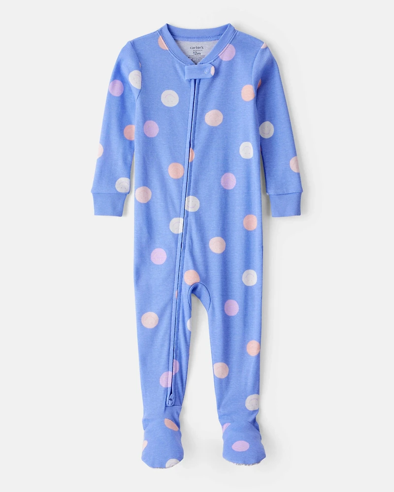 Toddler Girl Smiley Face 100% Cotton Long-Sleeve Snug Fit 1-Piece Pajamas - Blue