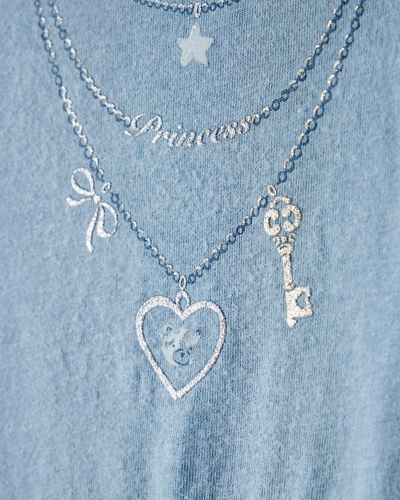 Girls Charm Necklace Long-Sleeve Graphic Tee - Blue