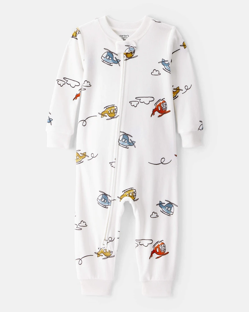Toddler Boy Helicopter DreamPlush Snug Fit Long-Sleeve 1-Piece Pajamas - White