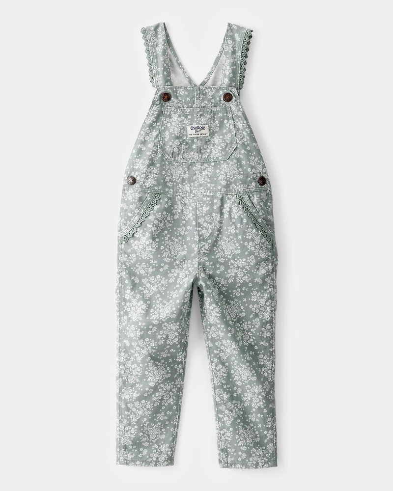 Toddler Lightweight Floral Print Canvas Overalls - Green