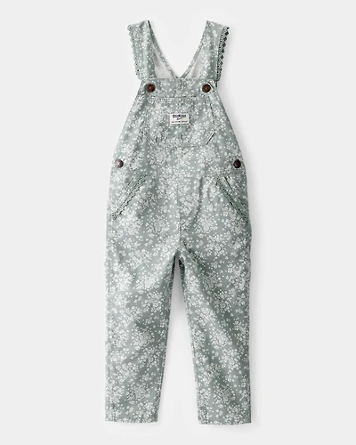 Toddler Lightweight Floral Print Canvas Overalls - Green