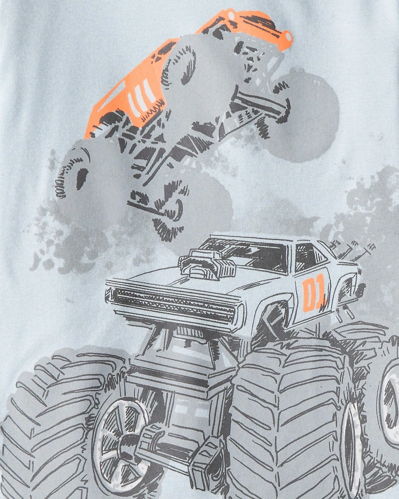 Boys Monster Truck Print 100% Cotton Long-Sleeve 4-Piece Pajamas - Blue