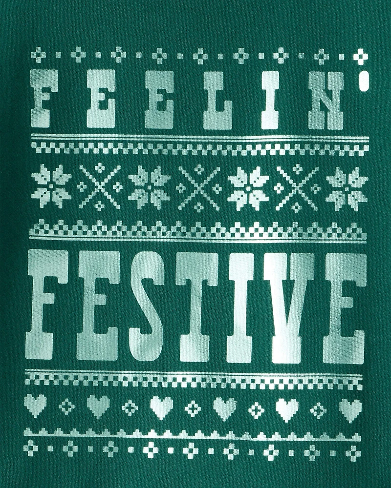 Girls Christmas Festive Long-Sleeve Pullover Sweatshirt - Green