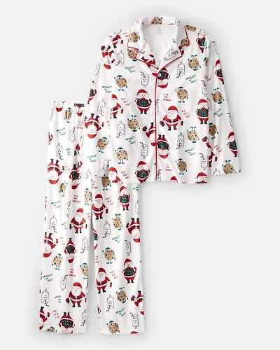 Adult Beige Santa Milk & Cookies Fleece Long-Sleeve Loose Fit - White