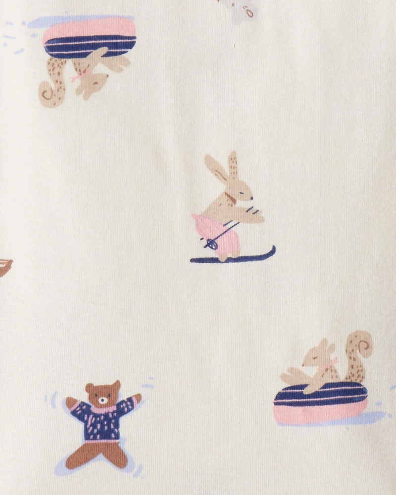 Baby Girl Bunny Winter Print 100% Cotton Long-Sleeve Snug Fit 4-Piece Pajamas - Blue/White