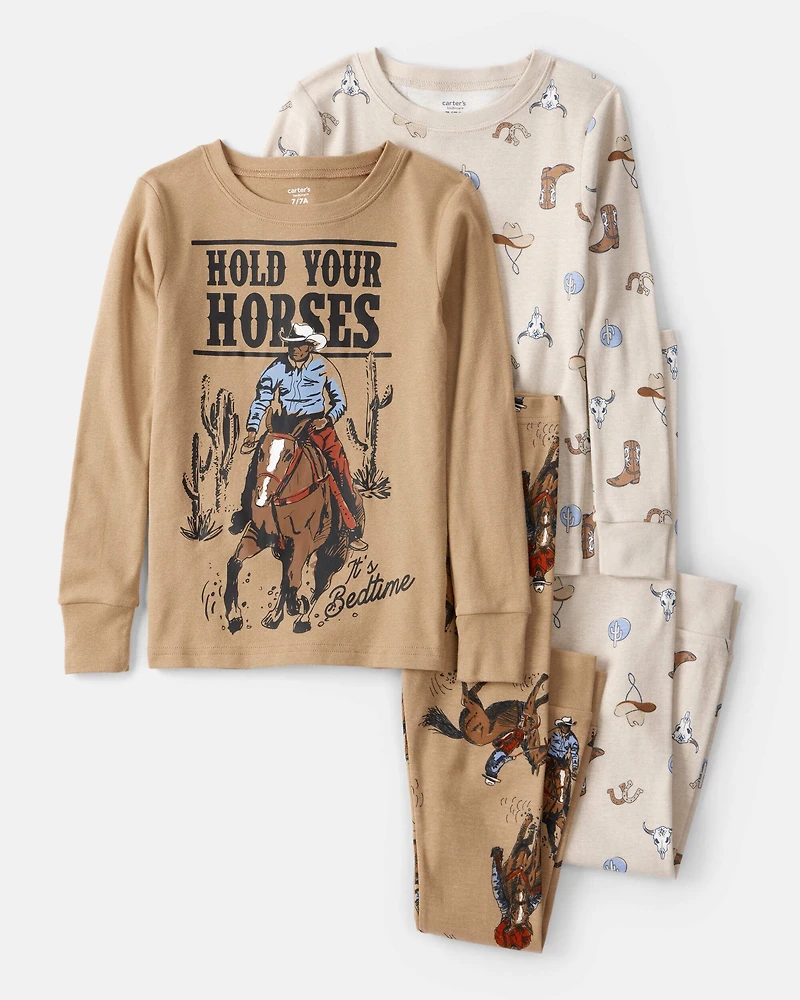 Boys Western Print 100% Cotton Long-Sleeve Snug Fit 4-Piece Pajamas - Brown