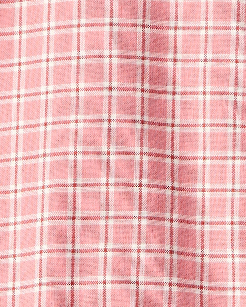 Kid Plaid Button-Down Short-Sleeve Shirt Dress - Pink
