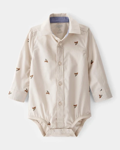 Baby Poplin Acorn Print Long-Sleeve Bodysuit - Khaki