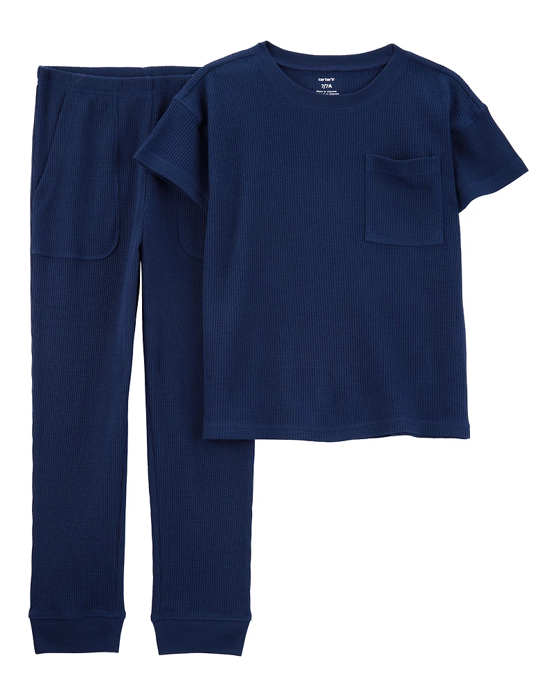 Boys Solid Loose Fit Waffle Knit 2-Piece Pajamas