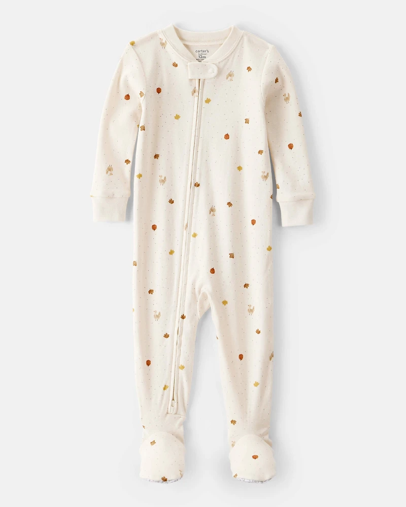 Toddler Thanksgiving 100% Cotton Long-Sleeve Footed 1-Piece Pajamas - White