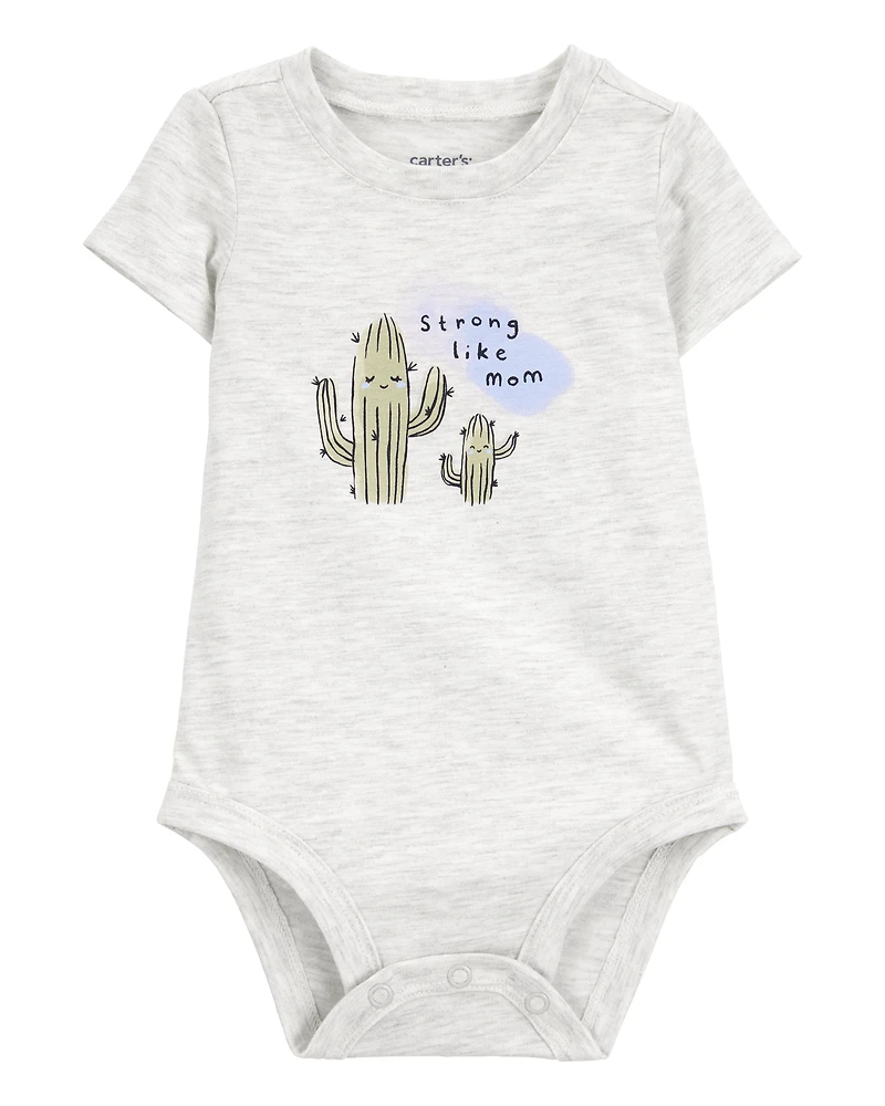 Baby "Strong Like Mom" Cactus Short-Sleeve Bodysuit - Gray