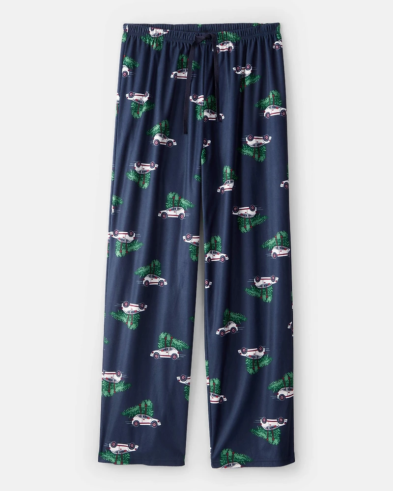 Adult Christmas Cars Fleece Loose Fit Pajama Bottoms- Navy