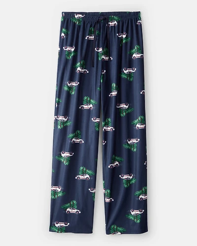 Adult Christmas Cars Fleece Loose Fit Pajama Bottoms- Navy