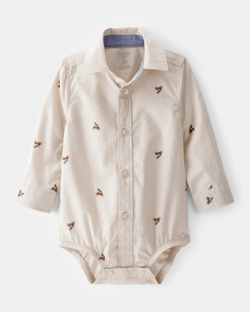 Baby Poplin Acorn Print Long-Sleeve Bodysuit - Khaki