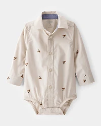 Baby Poplin Acorn Print Long-Sleeve Bodysuit - Khaki