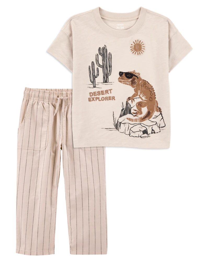 Baby 2-Piece Desert Lizard Graphic Tee & Striped Pants Set - Ivory/Tan