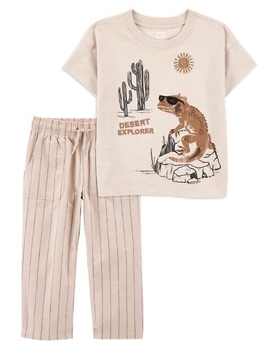 Baby 2-Piece Desert Lizard Graphic Tee & Striped Pants Set - Ivory/Tan