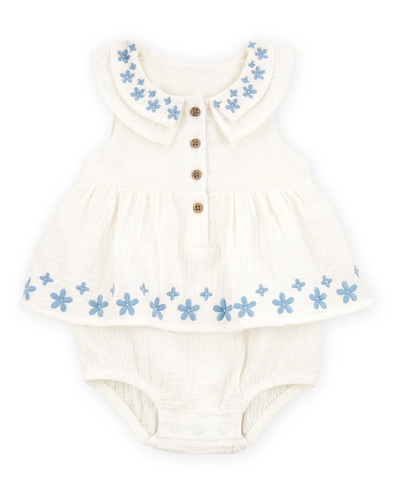 Baby Girl Floral Embroidered Bodysuit Dress - Ivory