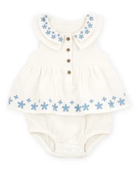 Baby Girl Floral Embroidered Bodysuit Dress - Ivory