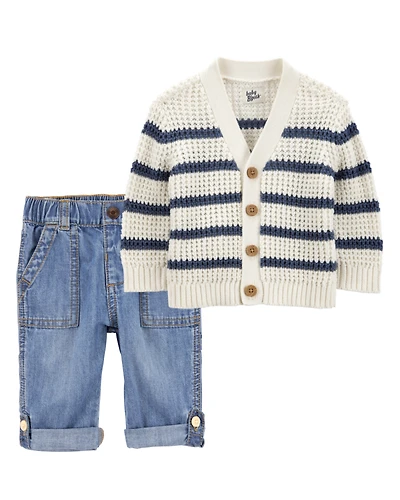 Baby 2-Piece Striped Sweater Knit Cardigan & Roll-Up Cuff Jeans Set