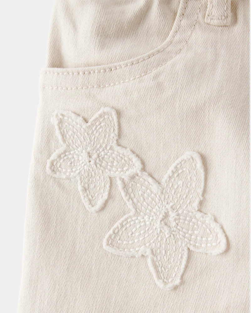Toddler Embroidered Stretch Denim Wide Leg Jeans - Cream