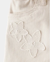 Toddler Embroidered Stretch Denim Wide Leg Jeans - Cream