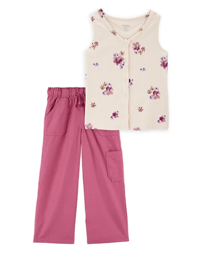 Kid 2-Piece Floral Button-Down Ribbed Tank Top & Drawstring Pants Set - Pink/Ivory