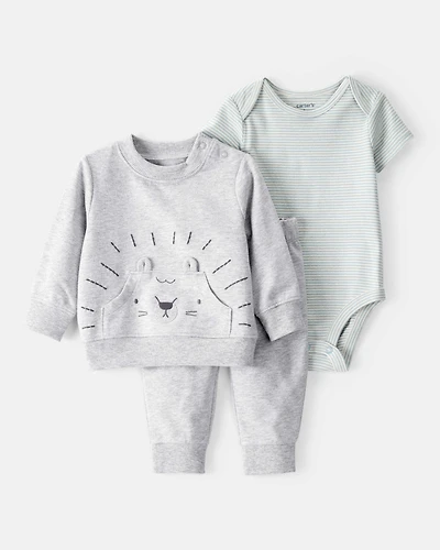 Baby 3-Piece Lion Little Pullover Set - Grey/Green
