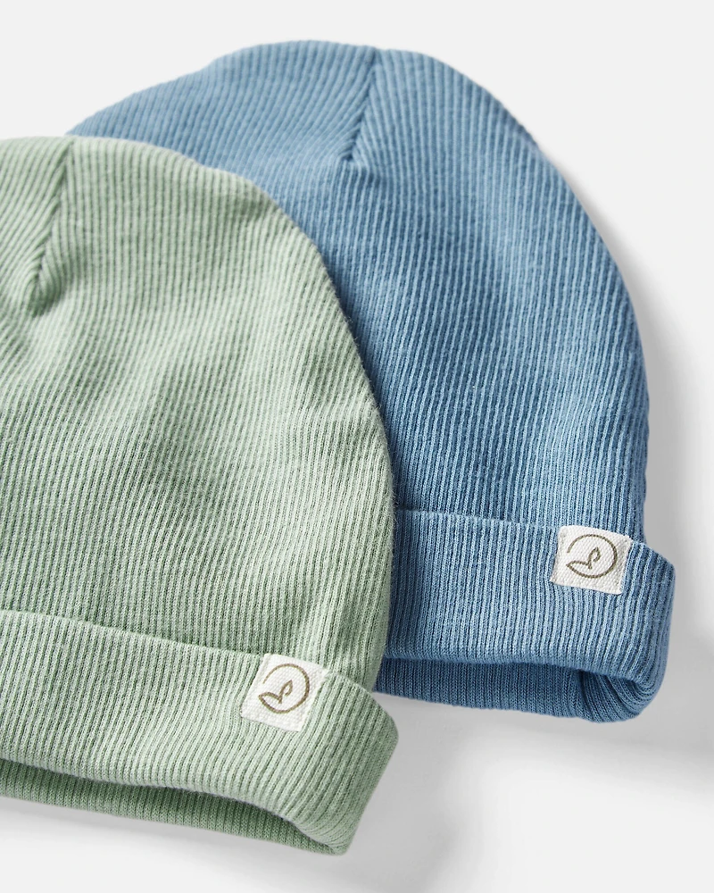 Baby 2-Pack Organic Cotton Rib Caps - Juniper Moss, Blue