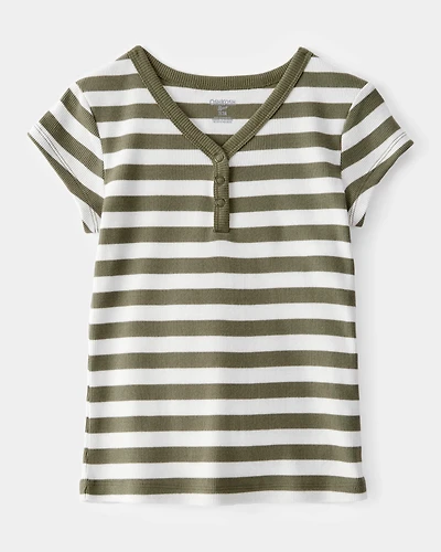 Kid Ribbed Henley Striped Short-Sleeve Shirt - Green