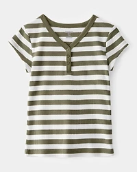 Kid Ribbed Henley Striped Short-Sleeve Shirt - Green