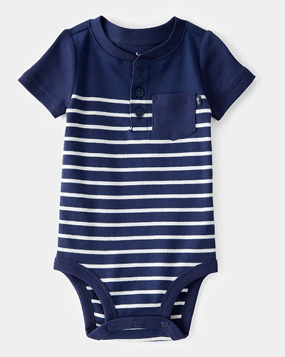 Baby Ribbed Striped Button Down  Short-Sleeve Bodysuit - Navy