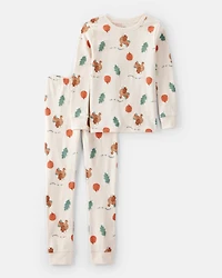 Kid Thanksgiving Print 100% Cotton Long-Sleeve 2-Piece Pajamas - White